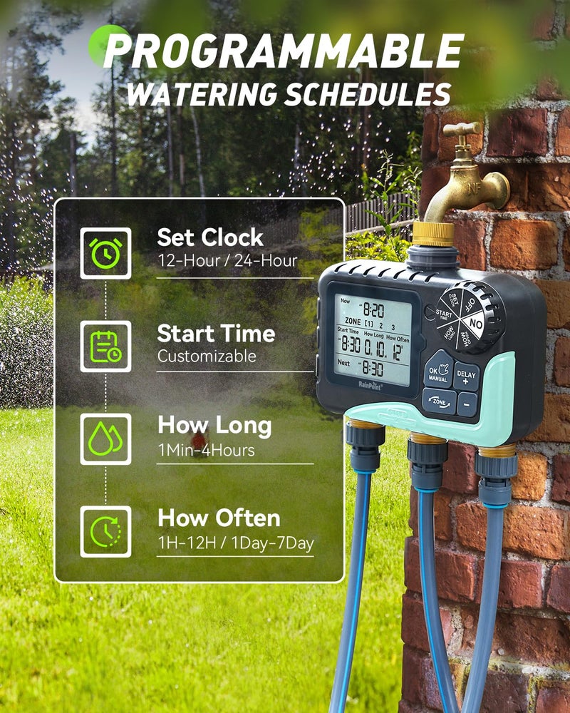 RAINPOINT 3 Zone Water Timer with Brass Inlet & Outlet, 3 Custom Watering Plans Sprinkler Timer, Featuring IP65 Waterproof,Rain Delay, Manual & Automatic Watering with Large LCD for Yard, 2026 Ver. - Image 4