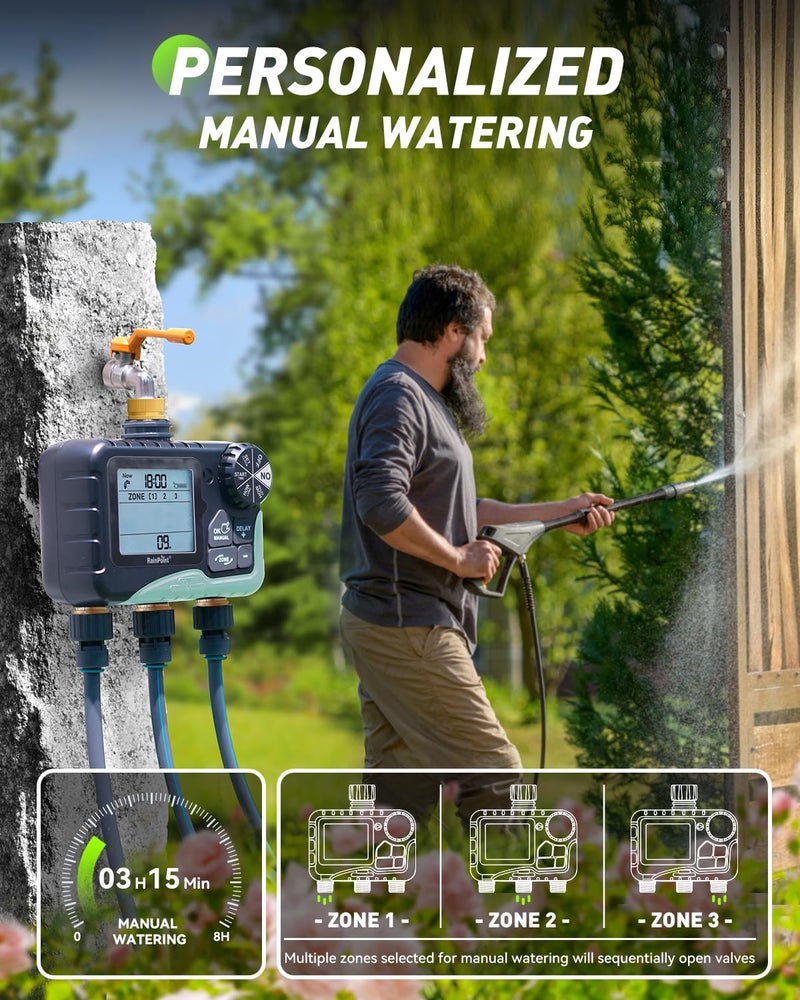RAINPOINT 3 Zone Water Timer with Brass Inlet & Outlet, 3 Custom Watering Plans Sprinkler Timer, Featuring IP65 Waterproof,Rain Delay, Manual & Automatic Watering with Large LCD for Yard, 2026 Ver. - Image 5