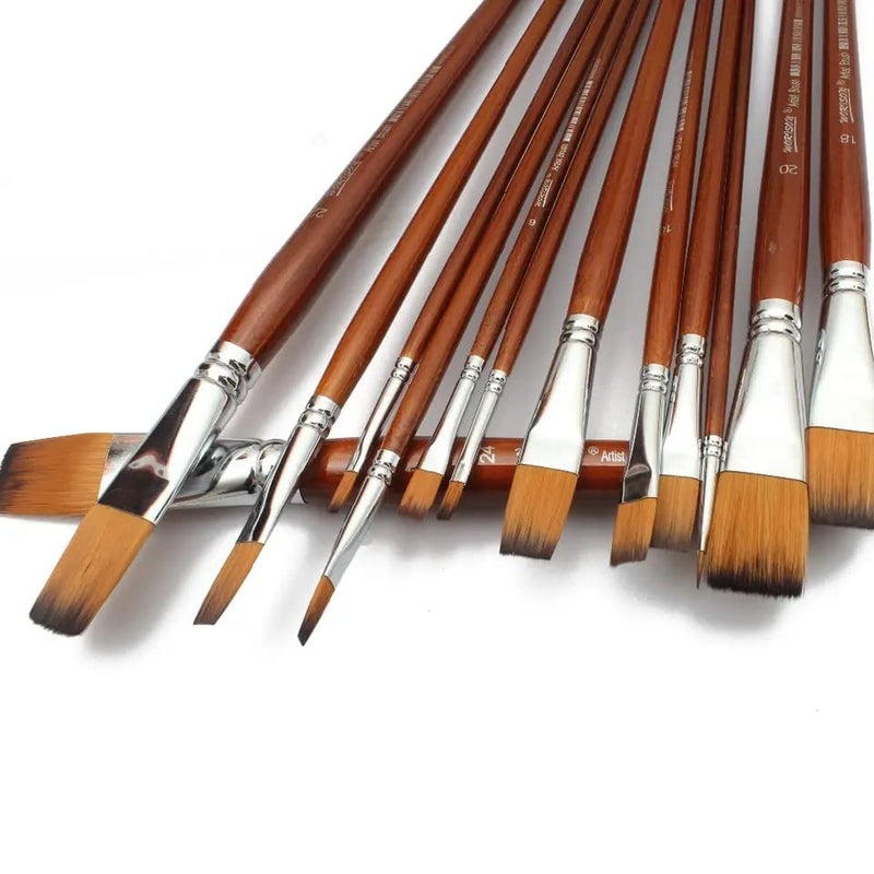 Chrome Long Handle Synthetic Flat Tip Artist Paint Brushes - 13 Piece Set - Image 5