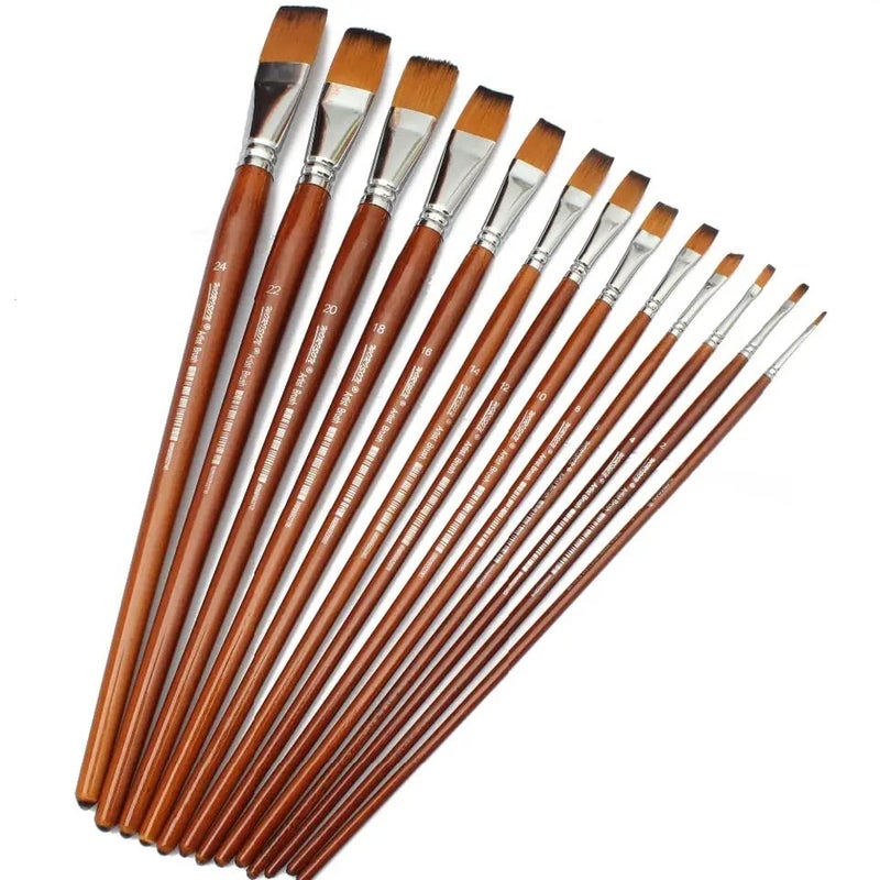 Chrome Long Handle Synthetic Flat Tip Artist Paint Brushes - 13 Piece Set - Image 3