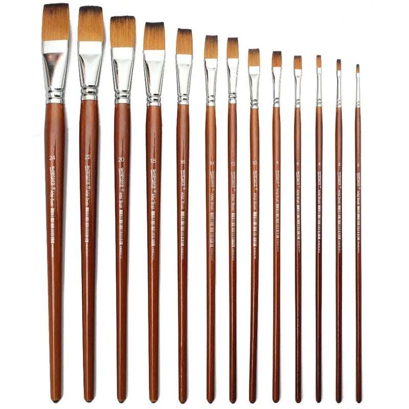 Chrome Long Handle Synthetic Flat Tip Artist Paint Brushes - 13 Piece Set - Image 1