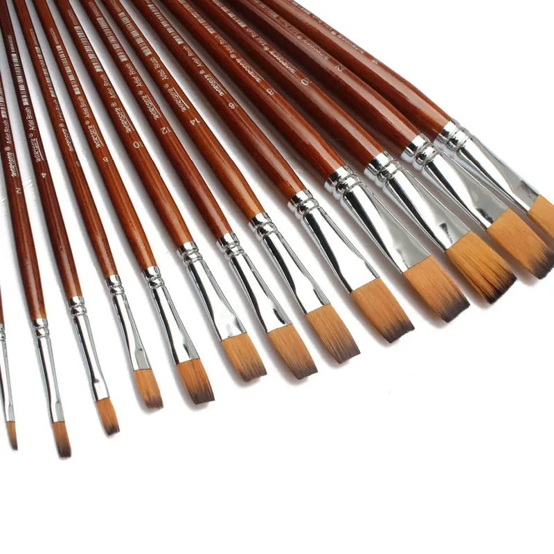 Chrome Long Handle Synthetic Flat Tip Artist Paint Brushes - 13 Piece Set - Image 4
