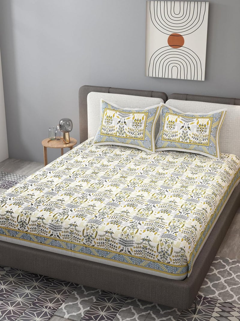 EasyGoods 240 TC Pure Cotton Bedsheet for Double Bed King Queen Size Bed Jaipuri Rajasthani Design with 2 Pillow Covers Extra Soft Wrinkle Free 90 x 103 inches Yellow Monarch39 - Image 3