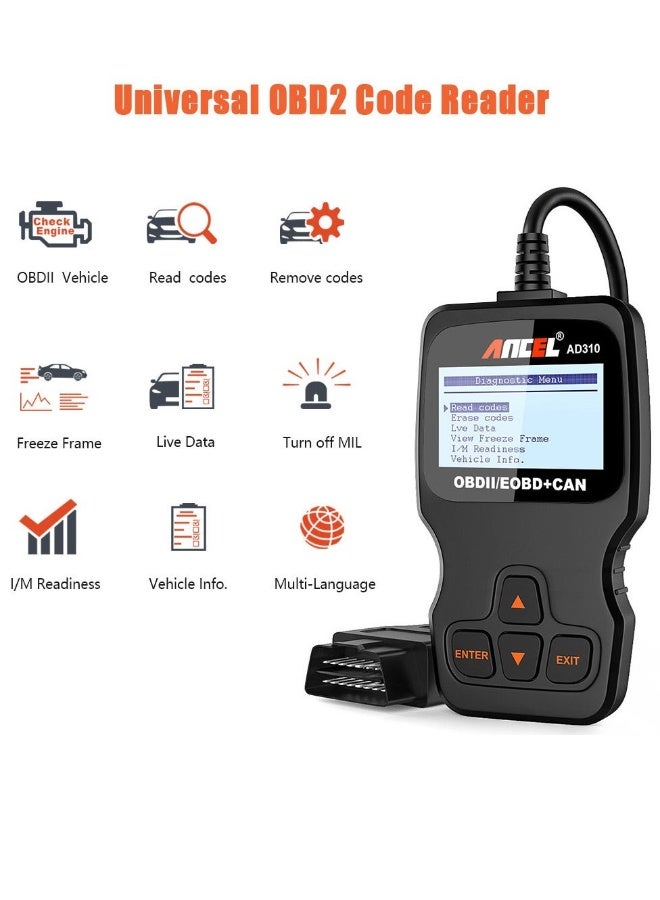 أنسيل جهاز فحص OBD2 عالمي متعدد الاستخدامات من نوع AD310 كلاسيكي محسّن لقراءة أكواد أعطال محرك السيارة وأداة فحص CAN-أسود - Image 1