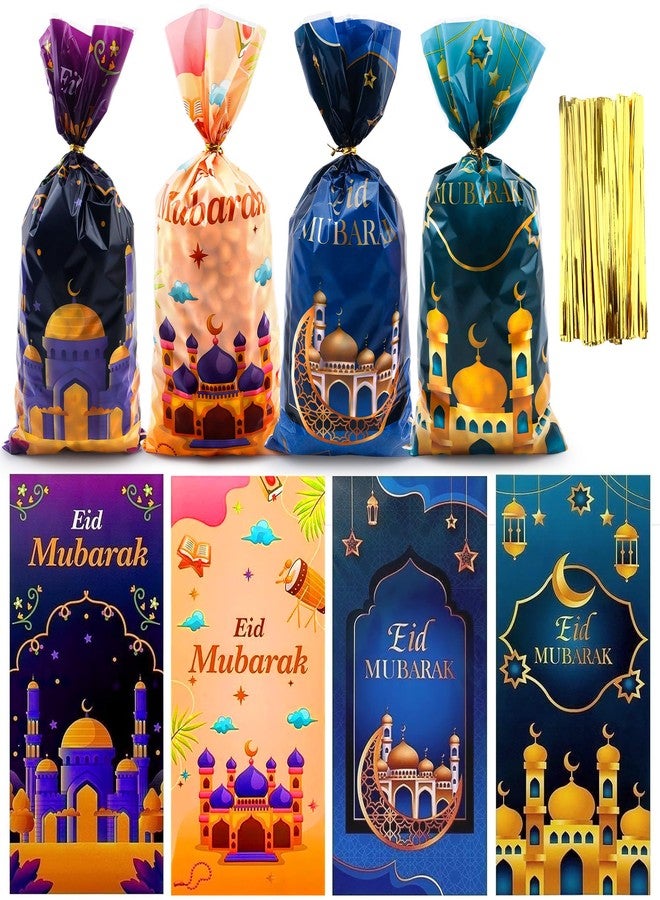 أكياس هدايا عيد مبارك، أكياس هدايا العيد، أكياس هدايا رمضان، أكياس بلاستيكية شفافة لعيد مبارك، أكياس حلوى وبسكويت ووجبات خفيفة مع أربطة، لوازم حفلات عيد مبارك للمسلمين، 50 قطعة - Image 1