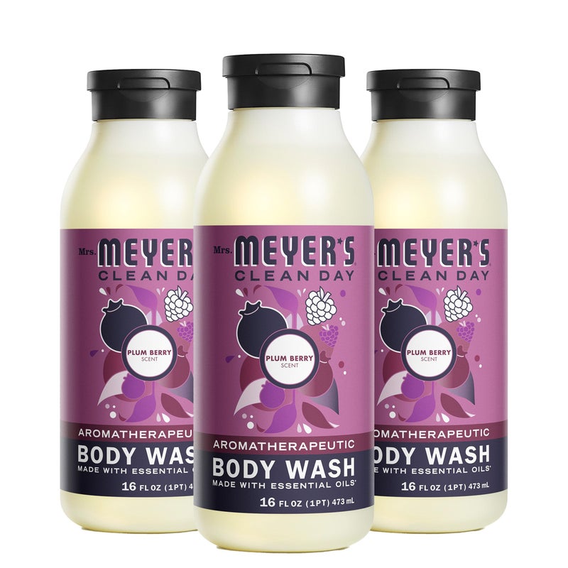MRS. MEYER'S CLEAN DAY Moisturizing Body Wash for Women and Men, Shower Gel Formula Made with Essential Oils, Plum Berry, 16 oz Bottle, Pack of 3 - Image 1