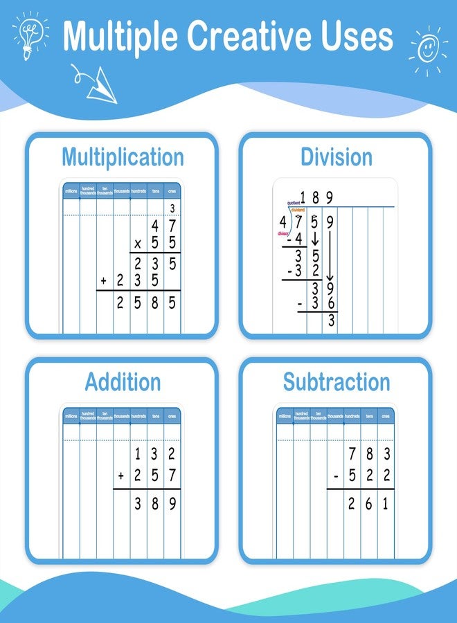 Aizweb 12 Pack Long Division Dry Erase Board Card,12" x 9" Multiplication Small Whiteboard Math Manipulatives for Kids Student Classroom Must Have Homeschool Teacher Supplies Learning Activities - Image 4