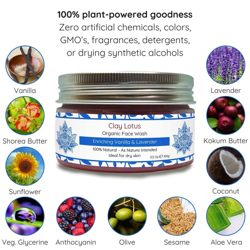 Clay Lotus Organic Face Wash - Hydrating Cleanser for Dry, Mature Skin. Anti-aging, Natural Formula for Reduced Wrinkles and Restored Radiance- Vegan and Moisturizing- For Women & Men - Image 3