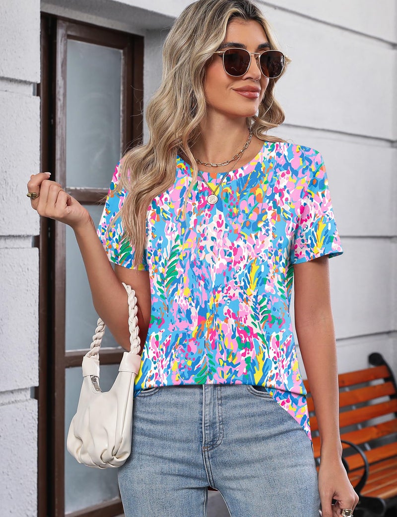 TCOT Womens T Shirts Summer Short Sleeve Crew Neck Tunic Tops to Wear with Leggings Pink Blue Cute Clothes L - Image 5
