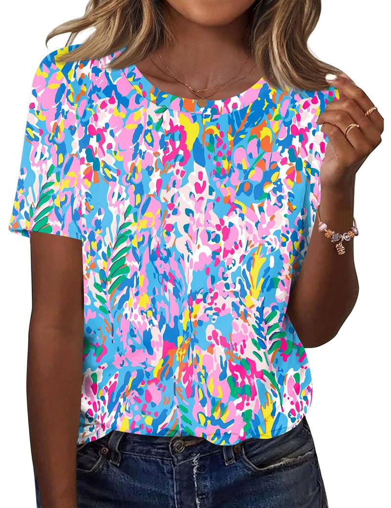 TCOT Womens T Shirts Summer Short Sleeve Crew Neck Tunic Tops to Wear with Leggings Pink Blue Cute Clothes L - Image 1