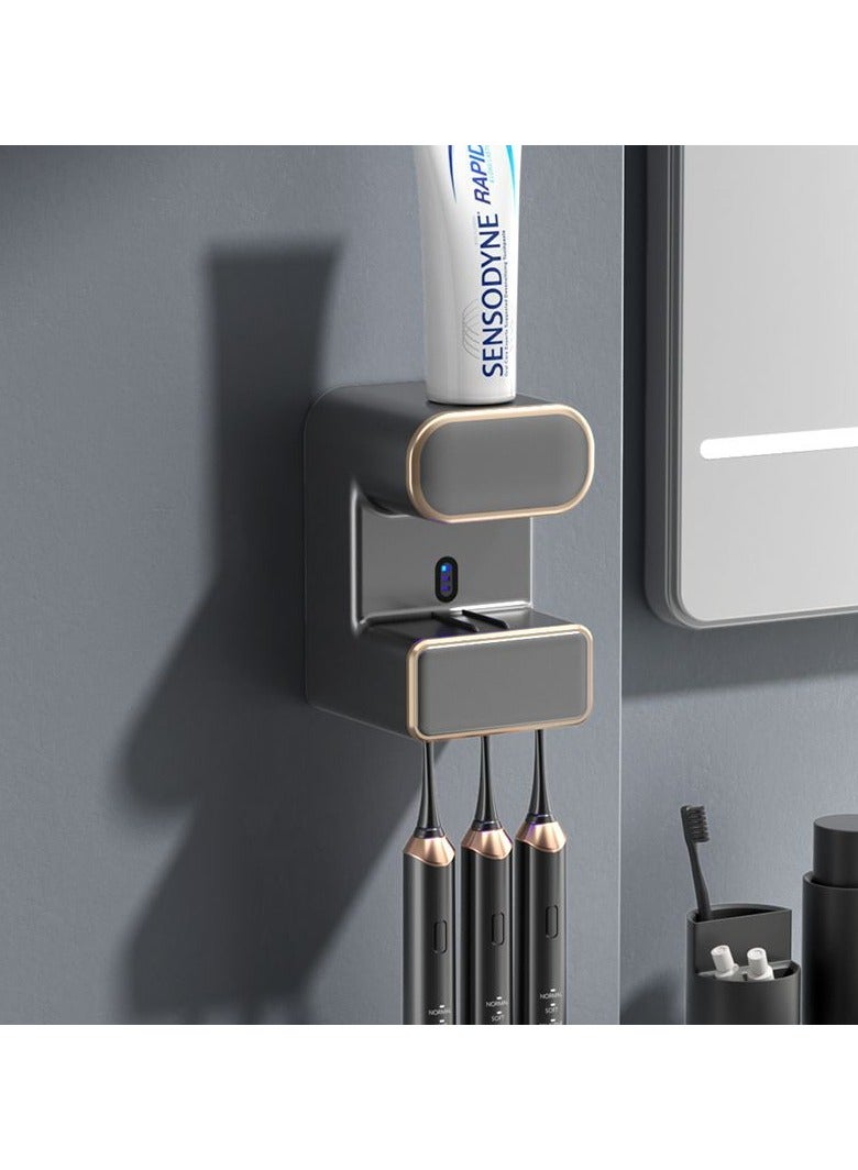 كيوومي موزع معجون أسنان أوتوماتيكي مع خاصية التعقيم، حامل فرشاة أسنان كهربائي مثبت على الحائط مع 3 فتحات، موزع معجون أسنان للأطفال والكبار، رمادي - Image 3