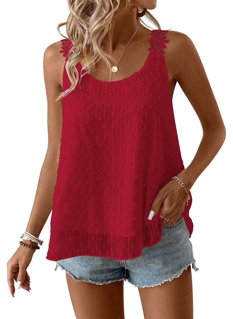 Falechay Summer Tank Top for Women 2026 Sleeveless Red Swiss Dot Tunic Tops Crew Neck Flowy Work Shirts Vest Bohemian Fall Blouse Dressy Casual Lace Peplum Crochet M Vacation - Image 1