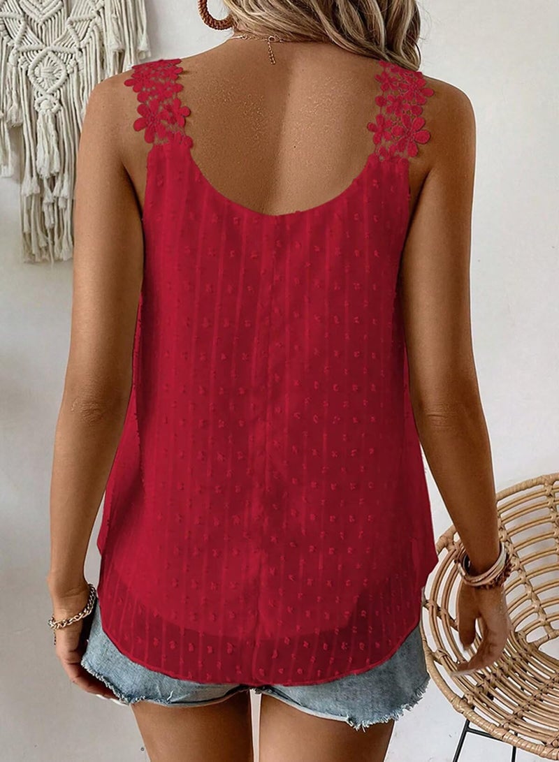 Falechay Summer Tank Top for Women 2026 Sleeveless Red Swiss Dot Tunic Tops Crew Neck Flowy Work Shirts Vest Bohemian Fall Blouse Dressy Casual Lace Peplum Crochet M Vacation - Image 3