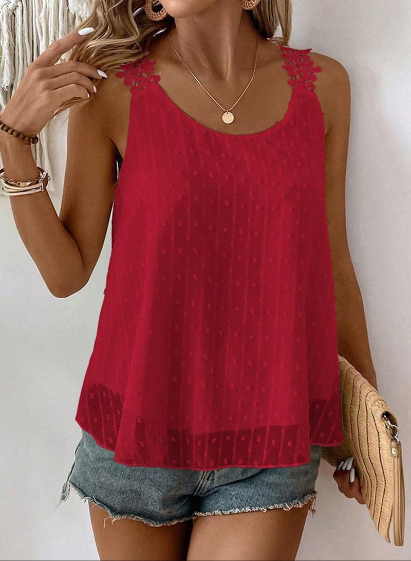 Falechay Summer Tank Top for Women 2026 Sleeveless Red Swiss Dot Tunic Tops Crew Neck Flowy Work Shirts Vest Bohemian Fall Blouse Dressy Casual Lace Peplum Crochet M Vacation - Image 4