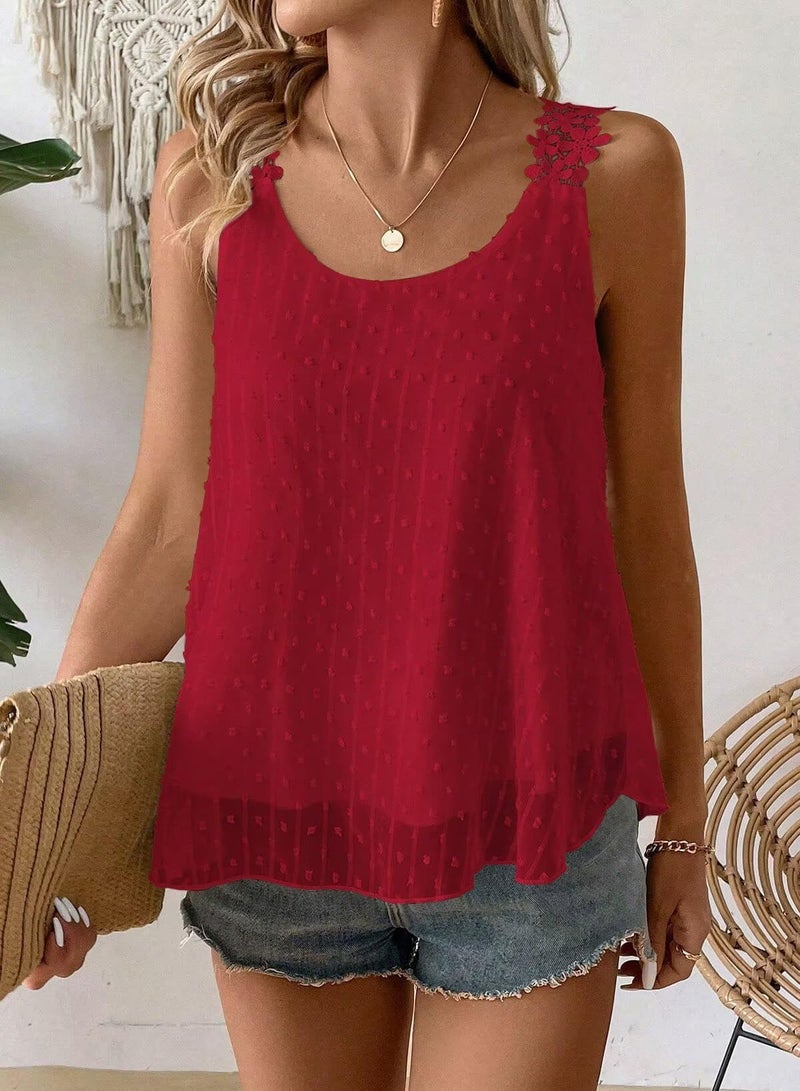 Falechay Summer Tank Top for Women 2026 Sleeveless Red Swiss Dot Tunic Tops Crew Neck Flowy Work Shirts Vest Bohemian Fall Blouse Dressy Casual Lace Peplum Crochet M Vacation - Image 2