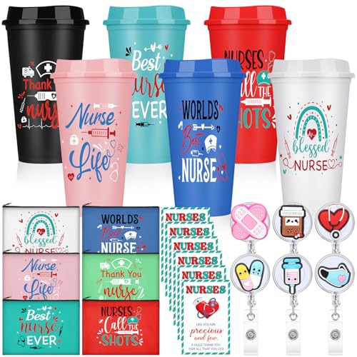 Skylety 24 Pcs Nurse Appreciation Gifts Bulk Christmas Nurse Gift Set for Women with 6 Coffee Cups 6 Badge Reels Clips 6 Makeup Bag 6 Greeting Cards for Lpn Rn Practitioner Gifts Bulk - Image 1