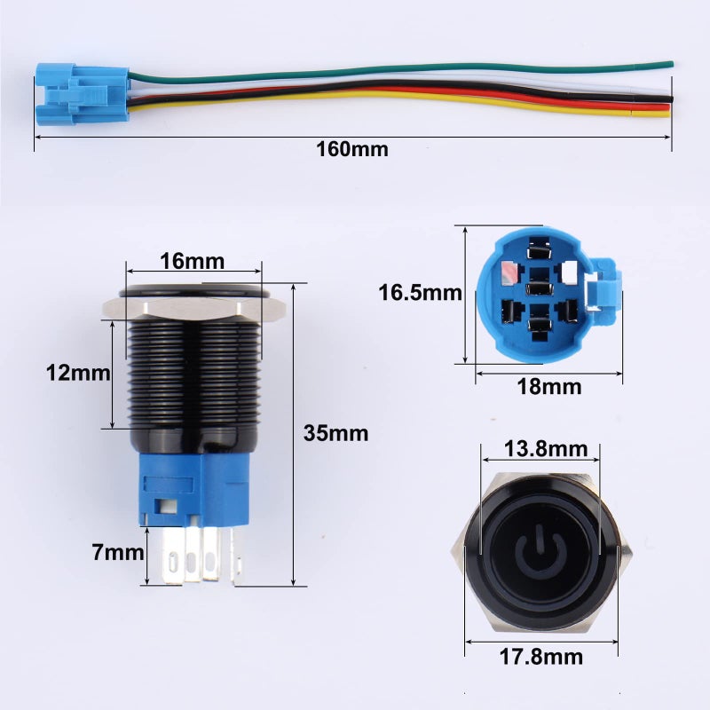 DMWD 2Pcs 16mm Metal Latching Push Button Switch 12V-24V ON/Off 1NO 1NC Waterproof IP66 Black Shell with Pre-Wired Socket for 5/8â€™â€™ Mounting Hole Power Symbol (Red LED) - Image 2