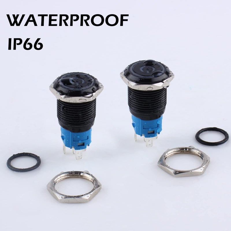DMWD 2Pcs 16mm Metal Latching Push Button Switch 12V-24V ON/Off 1NO 1NC Waterproof IP66 Black Shell with Pre-Wired Socket for 5/8â€™â€™ Mounting Hole Power Symbol (Red LED) - Image 5