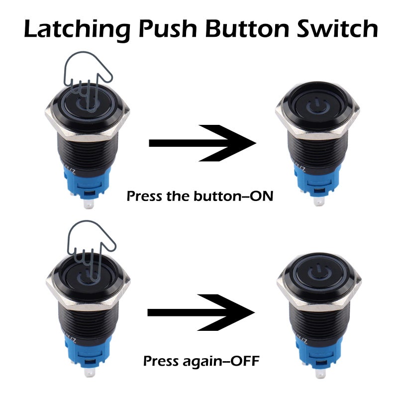 DMWD 2Pcs 16mm Metal Latching Push Button Switch 12V-24V ON/Off 1NO 1NC Waterproof IP66 Black Shell with Pre-Wired Socket for 5/8â€™â€™ Mounting Hole Power Symbol (Red LED) - Image 3