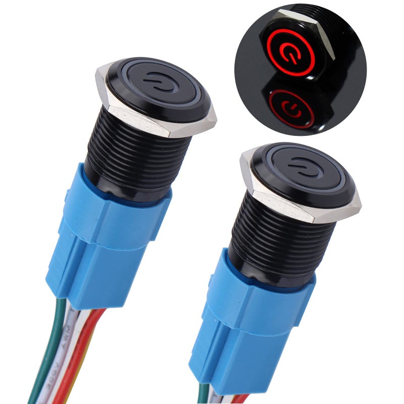 DMWD 2Pcs 16mm Metal Latching Push Button Switch 12V-24V ON/Off 1NO 1NC Waterproof IP66 Black Shell with Pre-Wired Socket for 5/8â€™â€™ Mounting Hole Power Symbol (Red LED) - Image 1