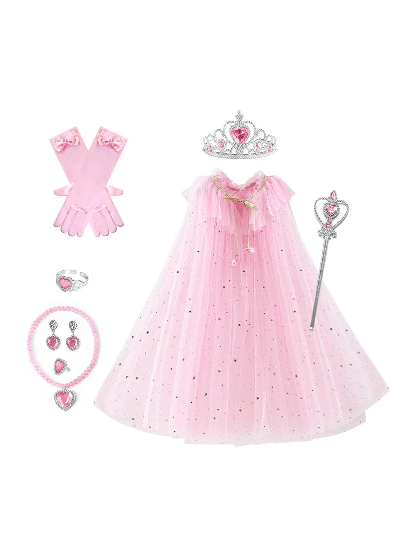 MIXDE 8 Pcs Princess Cape Set, Dress up Clothes for Little Girls Party Cosplay Cloak, with Crown, Wand, Gloves, Necklace, Earrings, Ring and Bracelet, for Girls 3-8 Years Old (Pink),SIZE:S  - Image 1