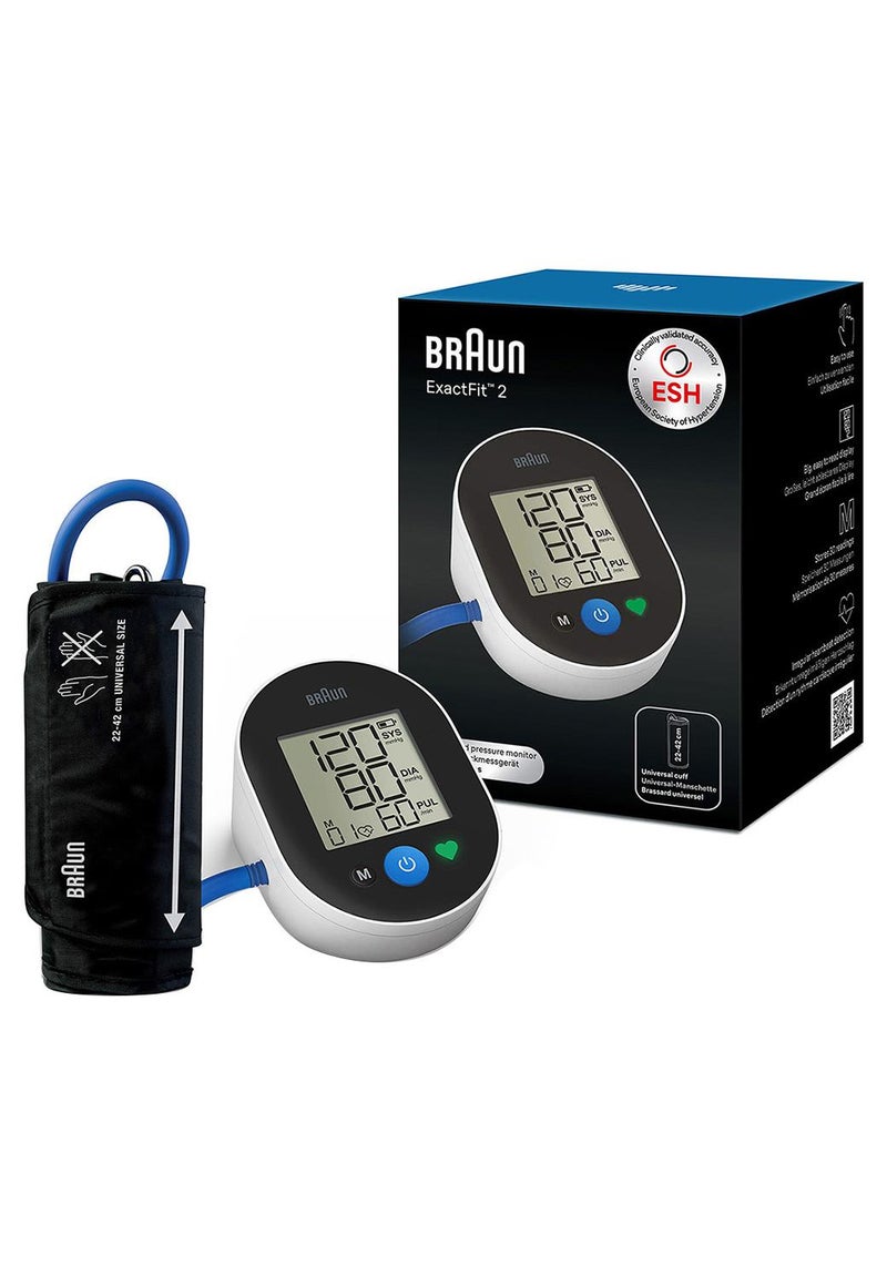 BRAUN جهاز قياس ضغط الدم براون إكزاكت فيت 2 للذراع العلوي، كبير وسهل القراءة مع شاشة ملونة، تشغيل بزر واحد، حجم كفة عالمي، ملف تعريف مستخدم واحد، يخزن آخر 30 قراءة، الوصول إلى تطبيق براون هيلثي هارت - Image 1