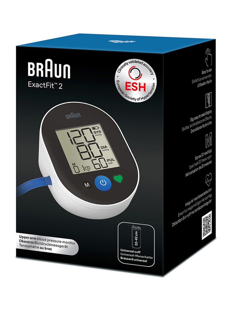 BP Monitor Exactfit 2 Upper Arm, Big And Easy To Read Color Coded Display, Single Button Operation, Universal Cuff Size, One User Profile,Stores Last 30 Readings, Access To The Braun Healthy Heart App