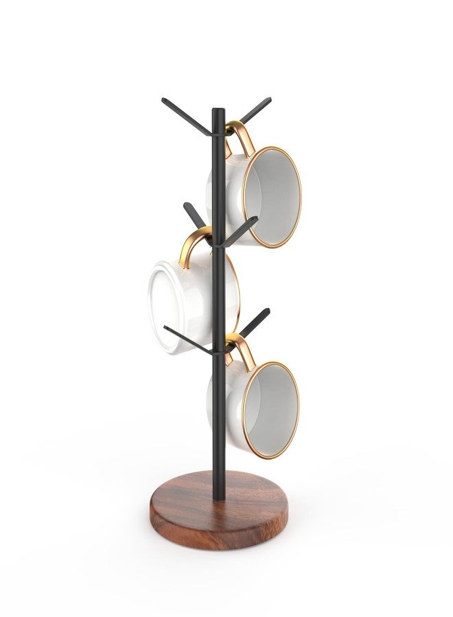 Aomomery Coffee Mug Tree Holder Countertop, Non-Slip Walnut Wood Mug Rack with 6 Hooks, Coffee Cup Rack for Home Storage and Organizer (Brown) - Image 1