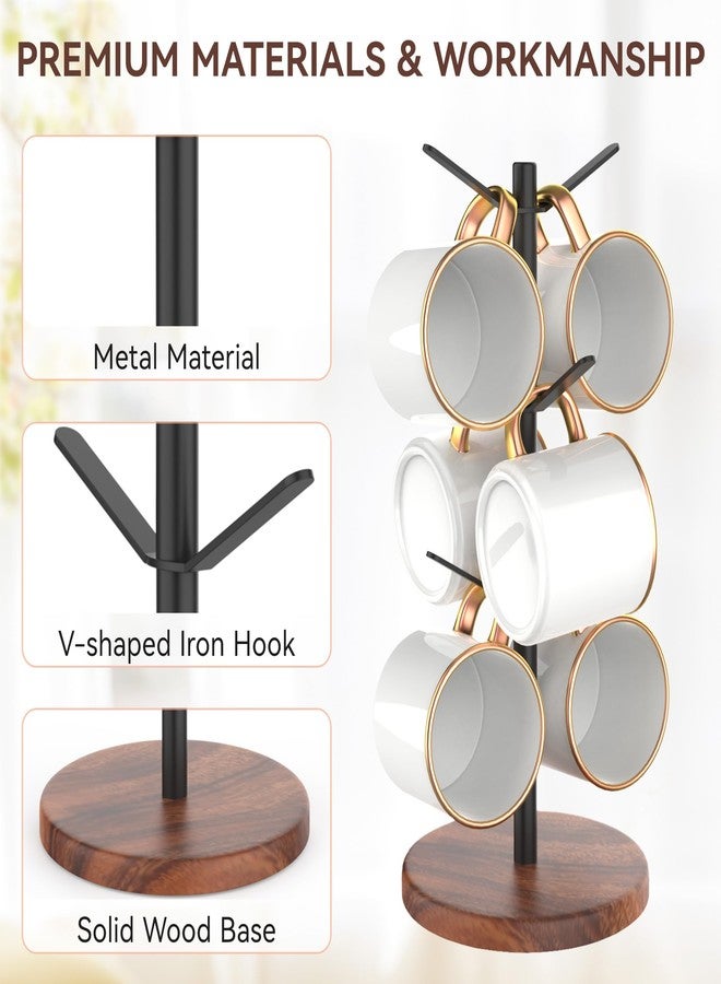 Aomomery Coffee Mug Tree Holder Countertop, Non-Slip Walnut Wood Mug Rack with 6 Hooks, Coffee Cup Rack for Home Storage and Organizer (Brown) - Image 3