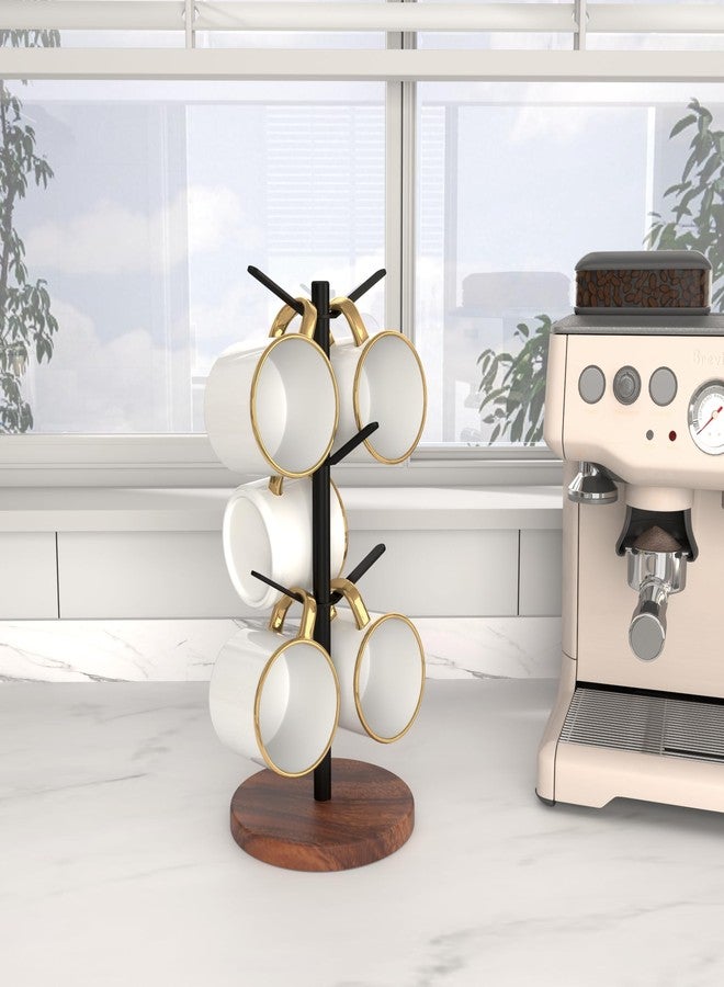 Aomomery Coffee Mug Tree Holder Countertop, Non-Slip Walnut Wood Mug Rack with 6 Hooks, Coffee Cup Rack for Home Storage and Organizer (Brown) - Image 5