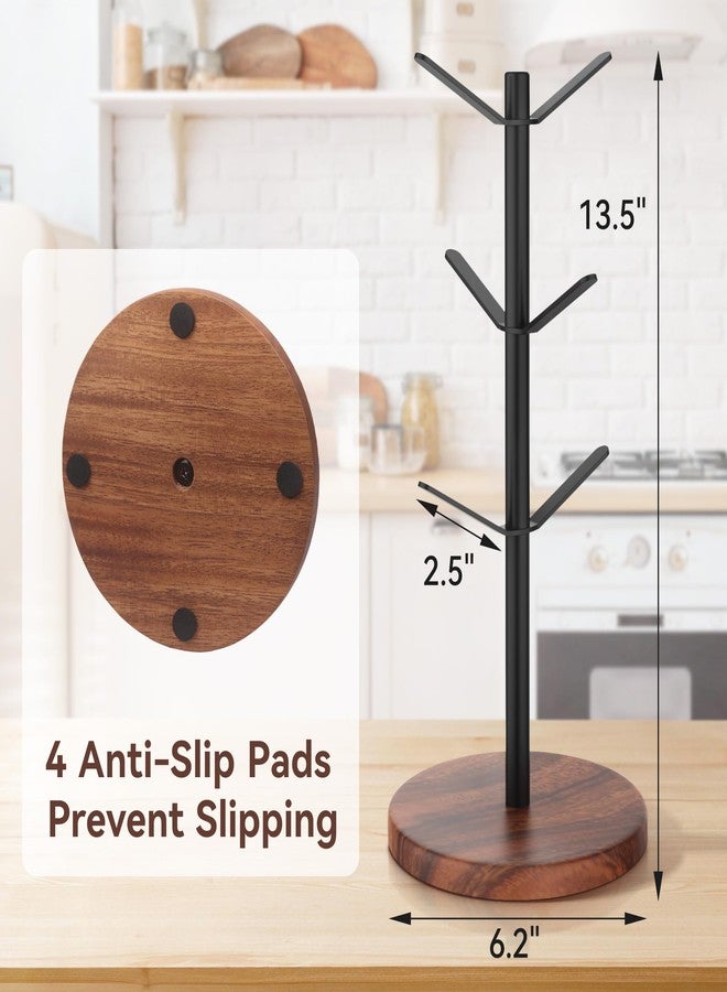 Aomomery Coffee Mug Tree Holder Countertop, Non-Slip Walnut Wood Mug Rack with 6 Hooks, Coffee Cup Rack for Home Storage and Organizer (Brown) - Image 2