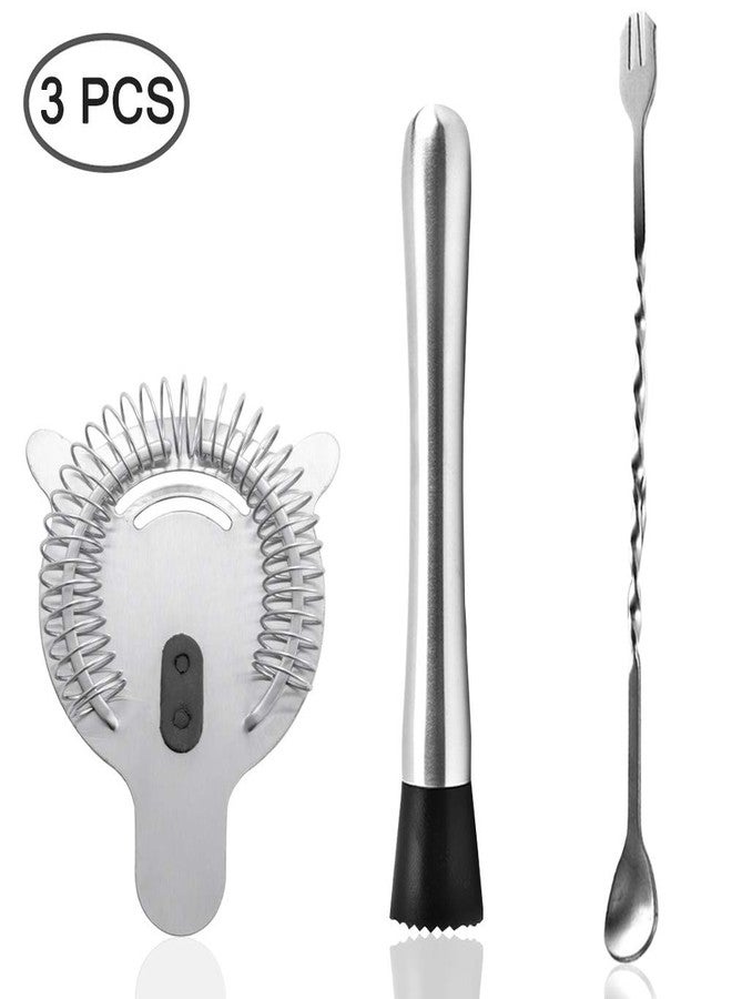 SENHAI Stainless Steel Cocktail Muddler, Spiral Mixing Spoon & 4-Prong Bar Strainer, Home Bar Bartender's Muddling Tool Set - Image 2
