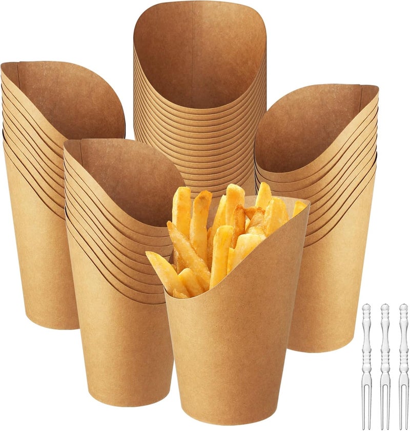 suituts 100 Pcs Disposable French Fry Cups 16oz Charcuterie Cups Paper French Fries Holder Kraft French Container with Extra 90pcs Plastic Forks - Image 1