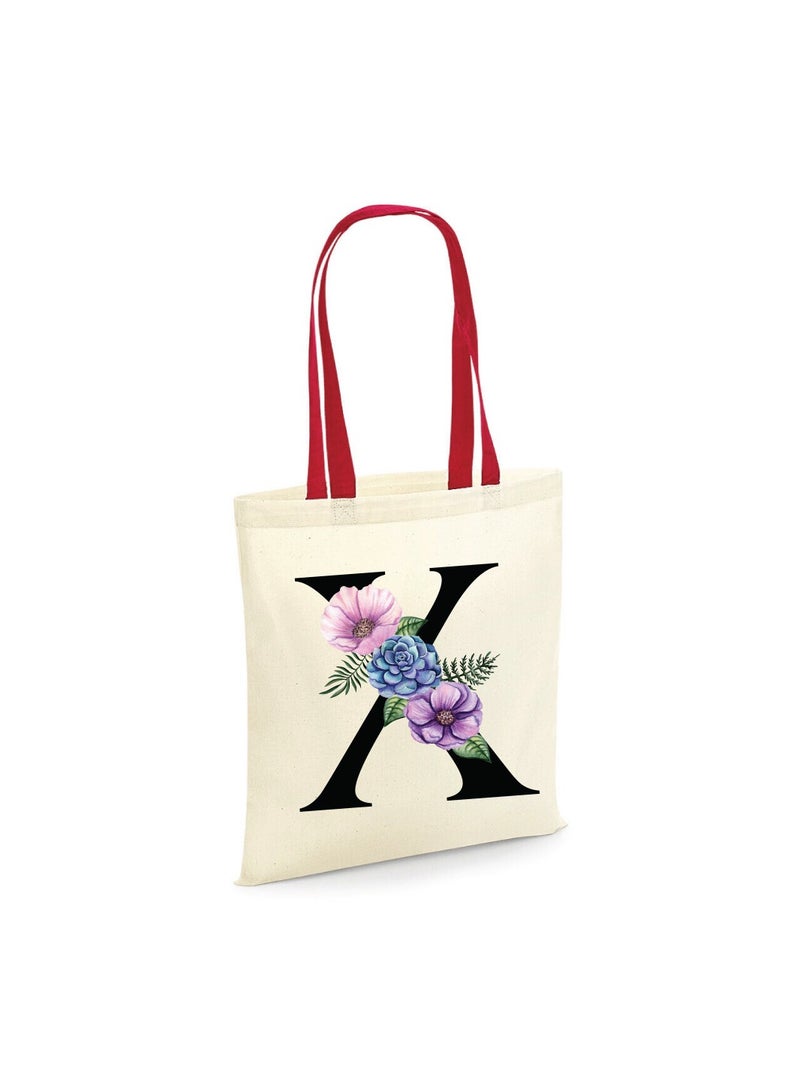 PRINTSHOP4ME Initial Letters Canvas Cotton Tote Bag With Red Handle-Ideal Gifts For Bridesmaids-Party Bag-Reusable Bags  - Image 1