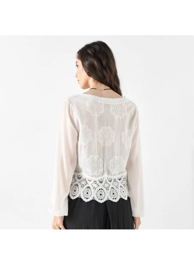 2Xtremz 2Xtremz Embroidered V-neck Top with Scalloped Hemline and Long Sleeves