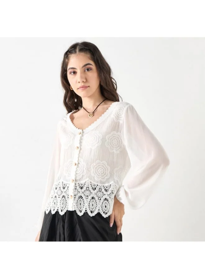 2Xtremz 2Xtremz Embroidered V-neck Top with Scalloped Hemline and Long Sleeves