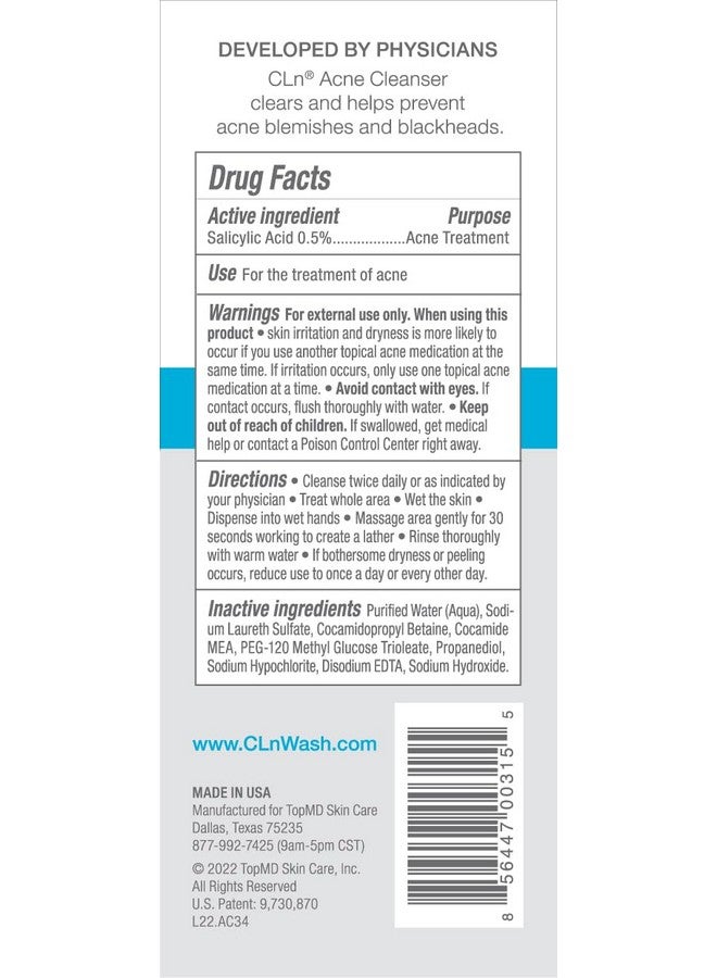 CLn® Acne Cleanser-Facial Cleanser with 0.5% Salicylic Acid to Eliminate Blackheads & Breakouts, Oil-Free & Fragrance-Free, 3.4 fl. oz. - Image 3