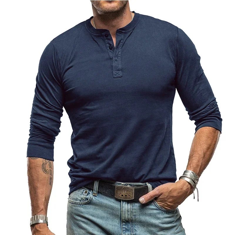 Men''s long-sleeved T-shirt foreign trade cotton men''s bottoming shirt and men''s Henley lining top - Image 3