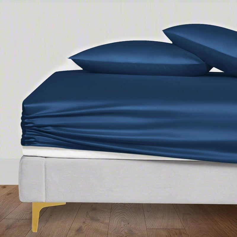 LINENWALAS 100 Organic Vegan Bamboo Silk Fitted Bedsheet for Single Bed Size with Pillow Cover for Bedroom Soft Smooth Hotel Quality Premium Bottom Sheets for Summer 78x36 Inch Navy Blue - Image 1