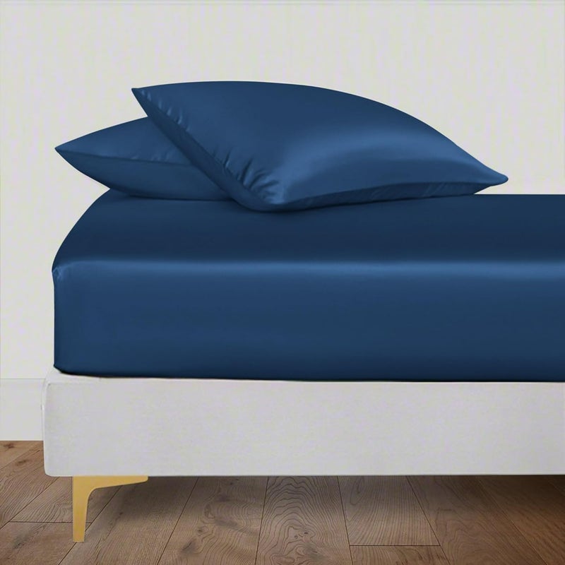 LINENWALAS 100 Organic Vegan Bamboo Silk Fitted Bedsheet for Single Bed Size with Pillow Cover for Bedroom Soft Smooth Hotel Quality Premium Bottom Sheets for Summer 78x36 Inch Navy Blue - Image 2