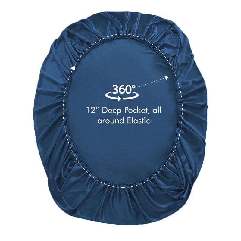 LINENWALAS 100 Organic Vegan Bamboo Silk Fitted Bedsheet for Single Bed Size with Pillow Cover for Bedroom Soft Smooth Hotel Quality Premium Bottom Sheets for Summer 78x36 Inch Navy Blue - Image 4
