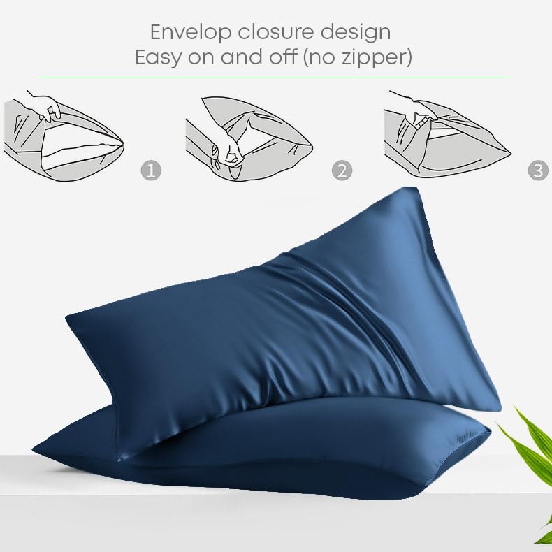 LINENWALAS 100 Organic Vegan Bamboo Silk Fitted Bedsheet for Single Bed Size with Pillow Cover for Bedroom Soft Smooth Hotel Quality Premium Bottom Sheets for Summer 78x36 Inch Navy Blue - Image 3