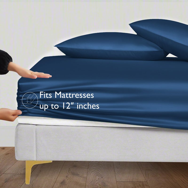 LINENWALAS 100 Organic Vegan Bamboo Silk Fitted Bedsheet for Single Bed Size with Pillow Cover for Bedroom Soft Smooth Hotel Quality Premium Bottom Sheets for Summer 78x36 Inch Navy Blue - Image 5