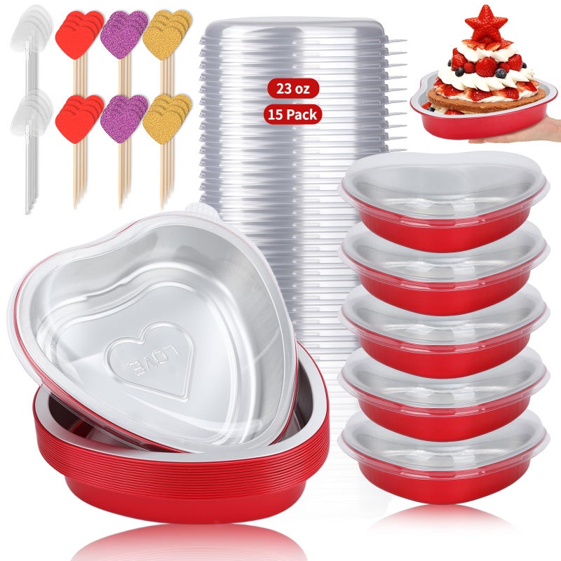 LifeisLuck 23 OZ Large Heart Shaped Cake Pans for Baking 15 Pack Aluminum Foil Baking Tins with Lids Red Desert Heart Cake Mold Disposable Ramekins Containers for Valentine's Day, Mother's Day, Wedding, Party - Image 1