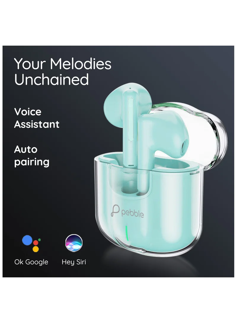Pebble Duet Wireless Earbuds Tws, Ai Noise Cancelling Bluetooth Earphone, 20H Playtime 100H Standby, Low Latency, Splash Proof With Auto Pairing And Voice Assistant, Mint Green