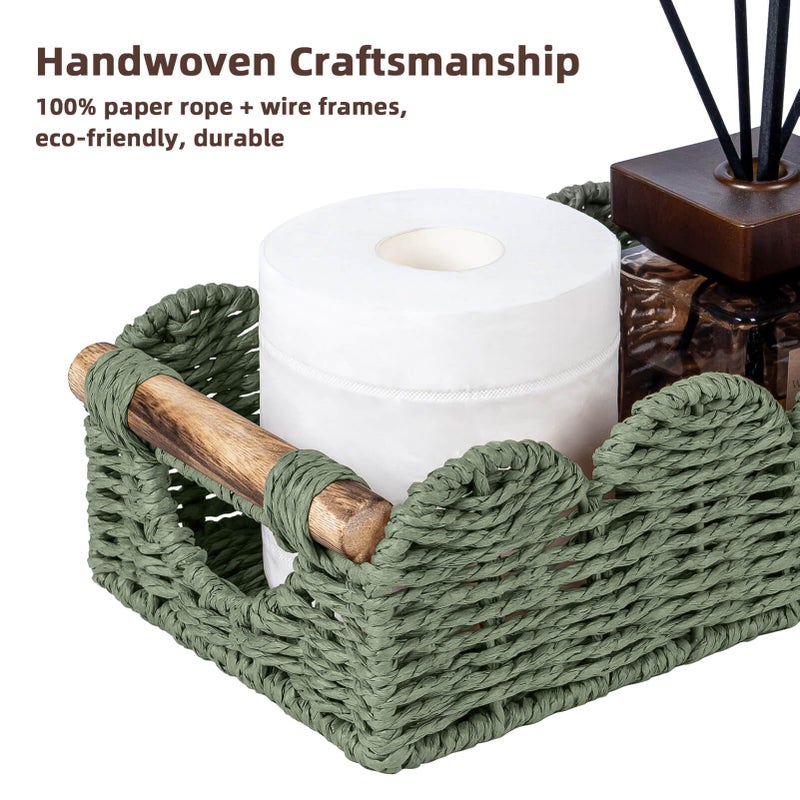 CubesLand Bathroom Basket Organizer w/Cut Out Handle, Back of Toilet Paper Storage Baskets Tray for Bathroom Countertop Decorative, Scalloped Wicker Basket Also for Home Decor, Living Room, Green - Image 3