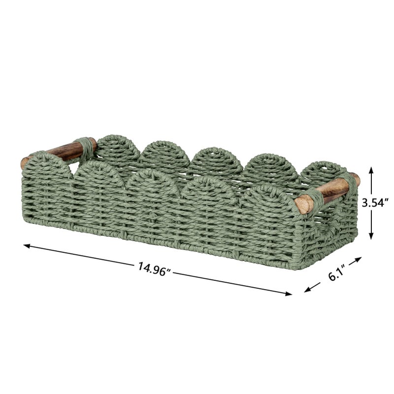CubesLand Bathroom Basket Organizer w/Cut Out Handle, Back of Toilet Paper Storage Baskets Tray for Bathroom Countertop Decorative, Scalloped Wicker Basket Also for Home Decor, Living Room, Green - Image 4