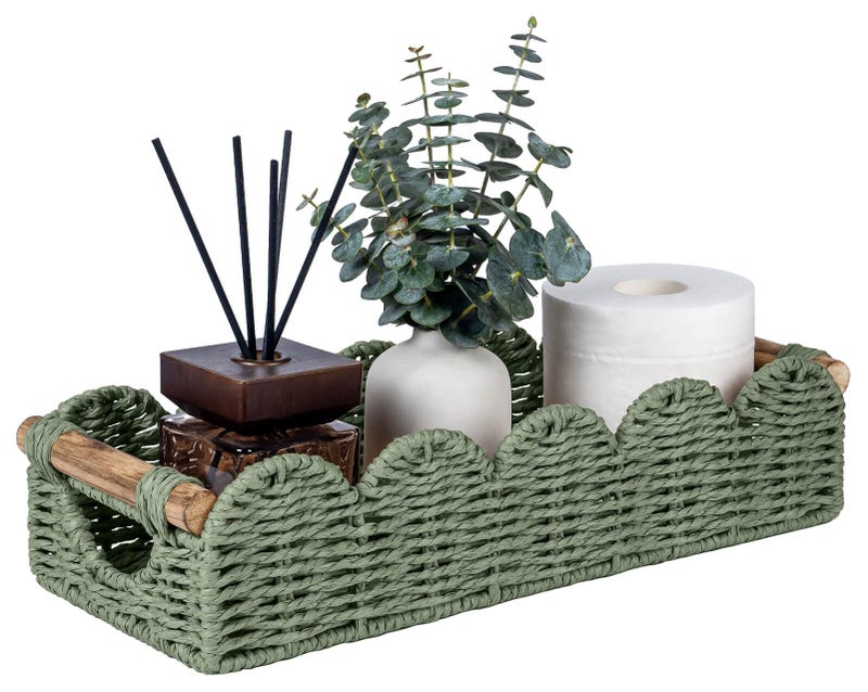 CubesLand Bathroom Basket Organizer w/Cut Out Handle, Back of Toilet Paper Storage Baskets Tray for Bathroom Countertop Decorative, Scalloped Wicker Basket Also for Home Decor, Living Room, Green - Image 1