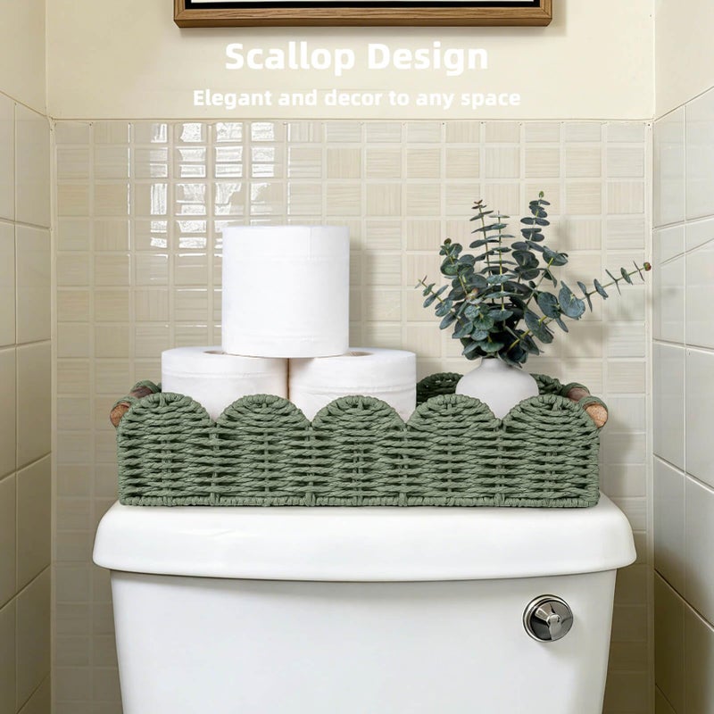 CubesLand Bathroom Basket Organizer w/Cut Out Handle, Back of Toilet Paper Storage Baskets Tray for Bathroom Countertop Decorative, Scalloped Wicker Basket Also for Home Decor, Living Room, Green - Image 2