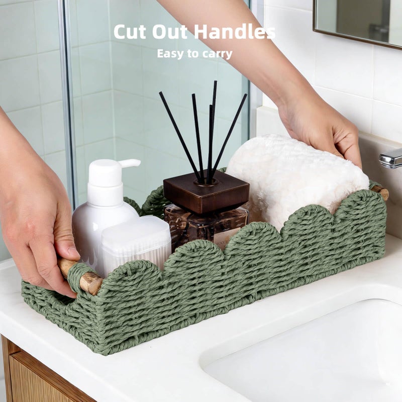 CubesLand Bathroom Basket Organizer w/Cut Out Handle, Back of Toilet Paper Storage Baskets Tray for Bathroom Countertop Decorative, Scalloped Wicker Basket Also for Home Decor, Living Room, Green - Image 5